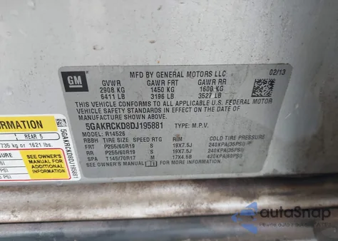 2013 Buick Enclave Leather z USA, uszkodzony, nr VIN 5GAKRCKD8DJ195881